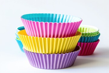 Colorful silicone baking cups stacked playfully against a bright background, perfect for creative baking adventures at home isolated on transparent background