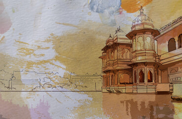 Udaipur city place , Rajasthan, India. Artistic sketch. Hand painted watercolour postcard, poster, book illustration
