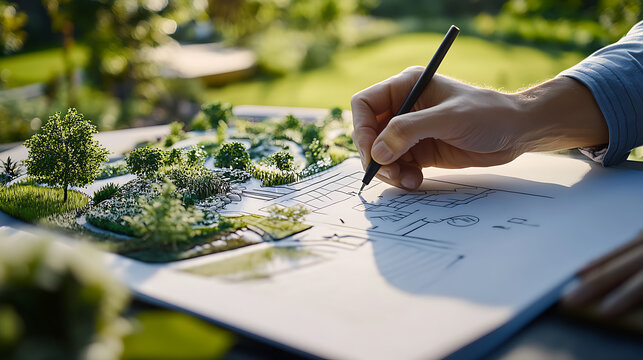 Landscape architect designing an outdoor garden layout. Featuring garden design
