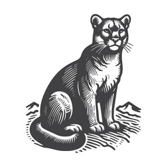 Obraz premium Simple Mountain Lion Sitting Vector Icon Design – Vintage Retro Logo & Illustration