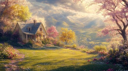 Charming Cottage in Springtime Landscape with Blossoming Trees