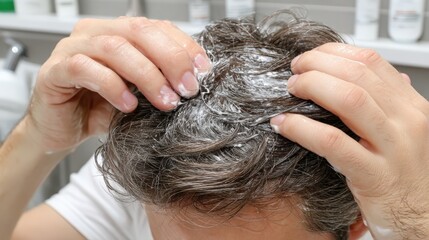 Naklejka premium Scalp treatment with medicated lotion for seborrheic dermatitis under close inspection