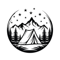 Camping Outline Tent, Mountains, Trees, Stars, and Water in a Circular