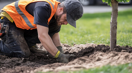 Landscaper planting a new tree in a commercial property landscape. Featuring landscaping and tree planting