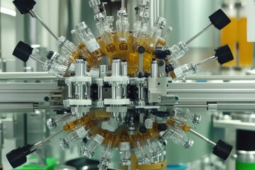 Close-up of advanced automated equipment filling and sealing glass containers for pharmaceuticals, showcasing precision engineering and manufacturing control.