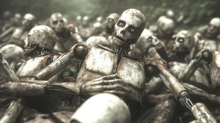 Decayed metallic humanoid figures scattered in abandoned nature, creating unsettling and ominous atmosphere.