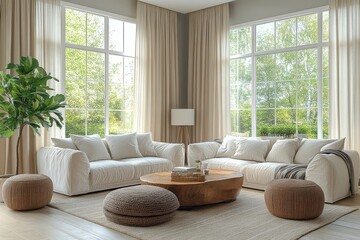 Fototapeta premium Bright and airy living room with light gray walls, beige curtains, modern seating, coffee table, side tables, potted plant, and natural sunlight.