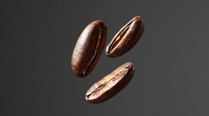 Three light-roasted coffee beans, one of which is flying out of the frame