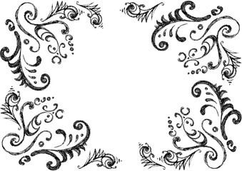 Frame of patterns coming out of corners and forming frame around all edges of background. Ornament consists of various decorative elements. Blue and gray color. White copy space. Print texture.