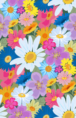 Vector seamless pattern with blooming meadow. Bright endless background with colorful wildflowers forget-me-nots, chamomile, daisies.