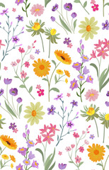 Vector seamless pattern with blooming meadow. Bright endless background with colorful wildflowers forget-me-nots, chamomile, daisies.