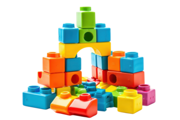 Colorful building blocks create a vibrant castle structure on a bright white backdrop, showcasing creativity and playful exploration isolated on transparent background