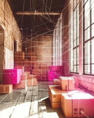 Industrial warehouse with packed cardboard boxes, illuminated by natural light and digital grid.