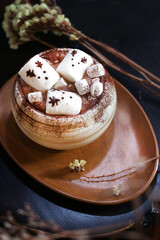 american hot chocolate topped with white marshmallows dusted with cocoa powder and a sprinkle of dried herbs