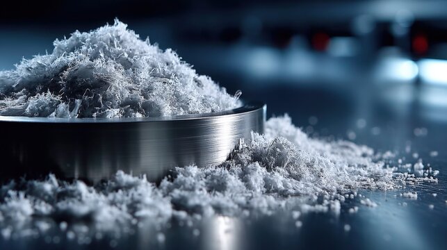 Close-up view of lithium hydroxide flakes in stainless steel container with sharp focus