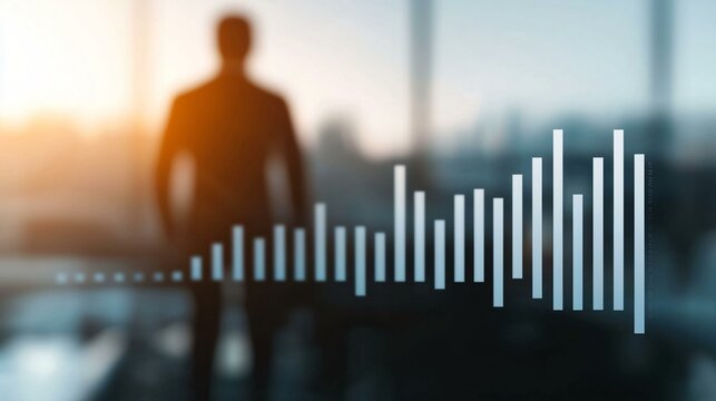Transparent graph data lines floating above blurred workspace with businessmen silhouettes, ideal for presentations and finance websites