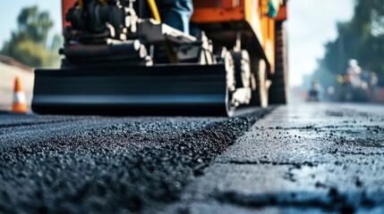 A road paver operator monitoring asphalt laying. Featuring precision and coordination