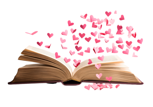 hearts floating above open book isolated on transparent background