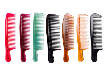 A vibrant collection of assorted hair combs arranged in a colorful spectrum showcasing various shapes and sizes isolated on transparent background