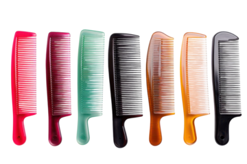 A vibrant collection of assorted hair combs arranged in a colorful spectrum showcasing various shapes and sizes isolated on transparent background