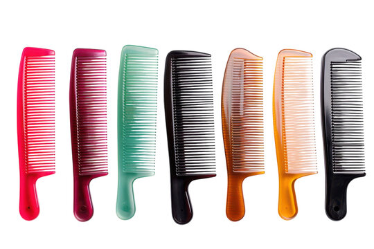 A vibrant collection of assorted hair combs arranged in a colorful spectrum showcasing various shapes and sizes isolated on transparent background