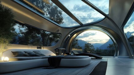 Obraz premium Futuristic Mountain View Bedroom Design: Modern Architecture and Serene Landscape