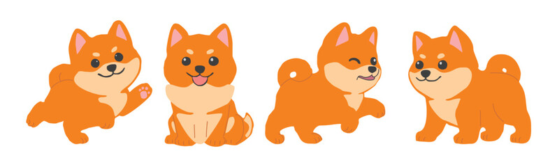 Set of cute Shiba Inu small puppy dog in different poses. Hand drawn Flat vector illustration isolated on transparent background