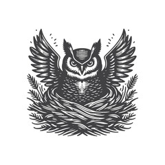 Obraz premium Simple Great Horned Owl Nest Side View Vector Icon Design – Vintage Retro Logo & Illustration