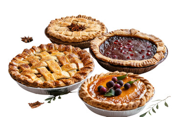 Decadent assortment of homemade pies displayed on a white backdrop ready for a festive dessert table isolated on transparent background