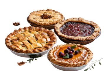 Decadent assortment of homemade pies displayed on a white backdrop ready for a festive dessert table isolated on transparent background