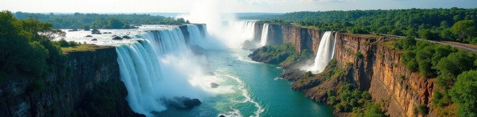Fototapeta premium Vast Zambezi River cascading over Victoria Falls, aerial view, eco, overview