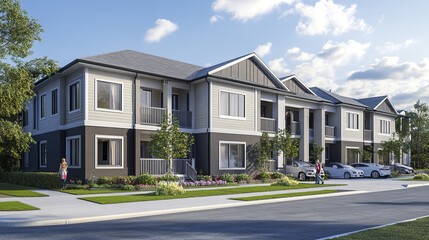 Modern two story rental house with balconies and parked cars