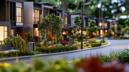 Fototapeta premium Model Townhomes at Dusk, Curving Road, Lush Landscaping
