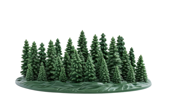 A dense cluster of miniature evergreen trees set against a clear background, evoking a sense of tranquility and nature's charm isolated on transparent background