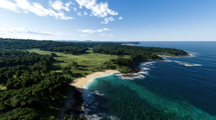 Fototapeta premium Scenic tropical coastline, lush forest, wide sandy beach, aerial view