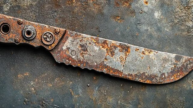 Extreme close up of heavily corroded and rusting knife on weathered metallic background