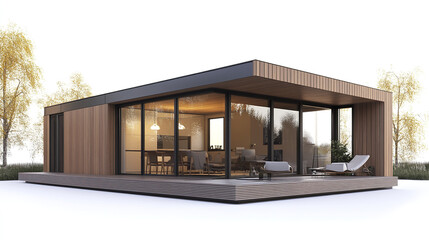 Modern wooden house with large glass windows and spacious deck