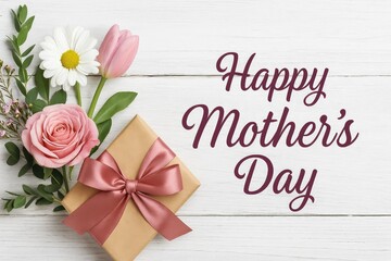 Happy Mother’s Day with Gift and Flowers on White Wooden Background