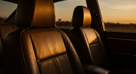 Obraz premium Golden Hour Leather Car Seats: Warm Sunset Interior