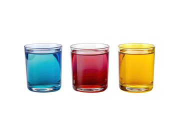Vibrant trio of colored glasses filled with refreshing beverages on a bright, minimalist background inviting a sense of joy and creativity isolated on transparent background