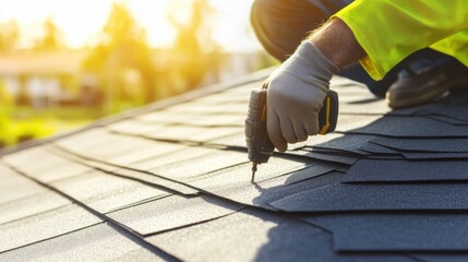 A roofing specialist installing weatherproof shingles on a residential house. Featuring craftsmanship and durability
