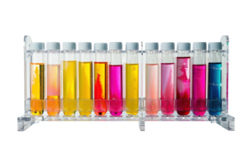 Colorful test tubes display a vibrant array of liquids in a laboratory setting, showcasing a range of chemical reactions isolated on transparent background