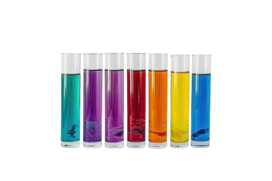 Vibrant test tubes filled with colorful liquids reflecting the art of science in a minimalist studio setting isolated on transparent background
