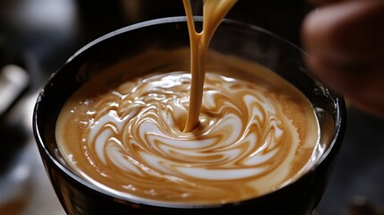 Creamy latte art being poured into a bowl.
