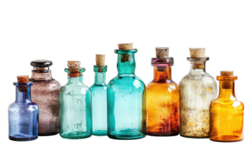 Antique glass bottles of various shapes and colors arranged in a creative display on a white backdrop isolated on transparent background