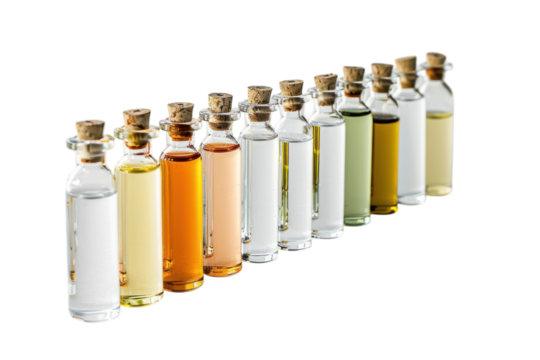 A vibrant array of essential oil bottles lined up on a neutral background showcasing colors and fragrances to inspire creativity isolated on transparent background