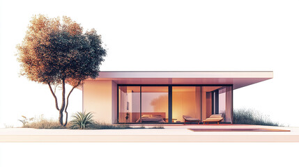 Modern minimalist house with large windows and tree nearby