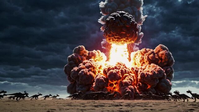 Dinosaurs running across a dusty plain as a massive meteor falls from the sky. Explosions create clouds of dust and fire in a dramatic prehistoric apocalypse. Dinosaurs extinction theory