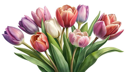Obraz premium Vibrant Watercolor Tulip Bouquet with Pink, Purple, Orange, and White Flowers isolated on Transparent Background
