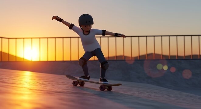 Sunset Skateboarding: A stylized, youthful skater gracefully maneuvers their board at golden hour.